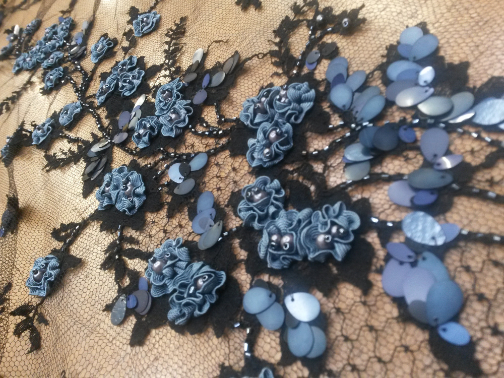 embroidery on french lace with paillettes black and blue